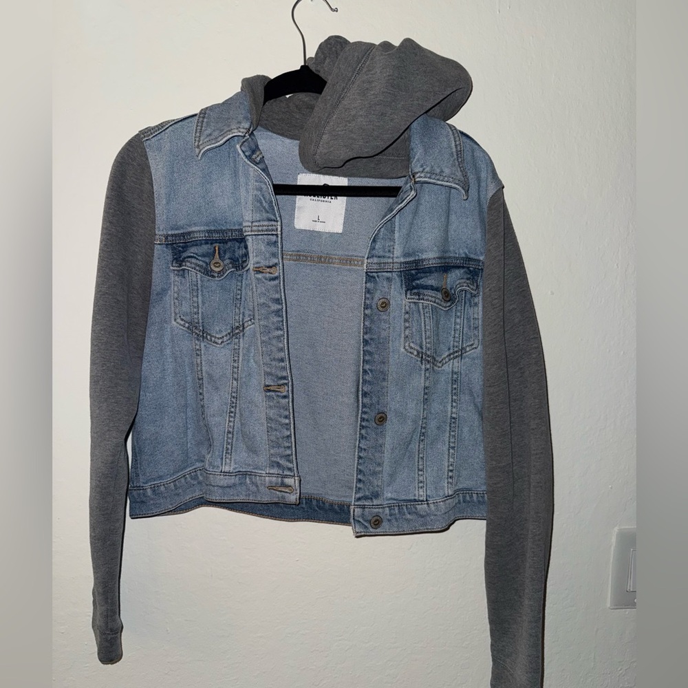 Hollister Blue Denim Jacket with Gray Sleeves and hood